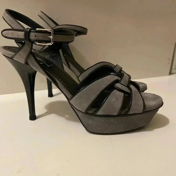 Yves Saint Laurent Grey/Black Suede And Leather Tribute Platform straps sandals